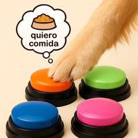 Perro pulsando el botón naranja de comida con la pata
